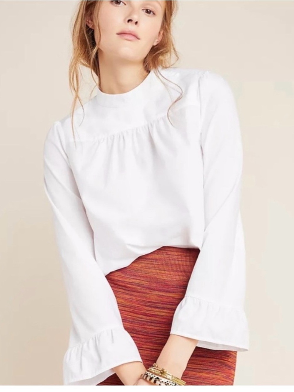 Maeve  by Anthropologie White mock-Neck cotton Long Sleeve Blouse ruffle sleeves